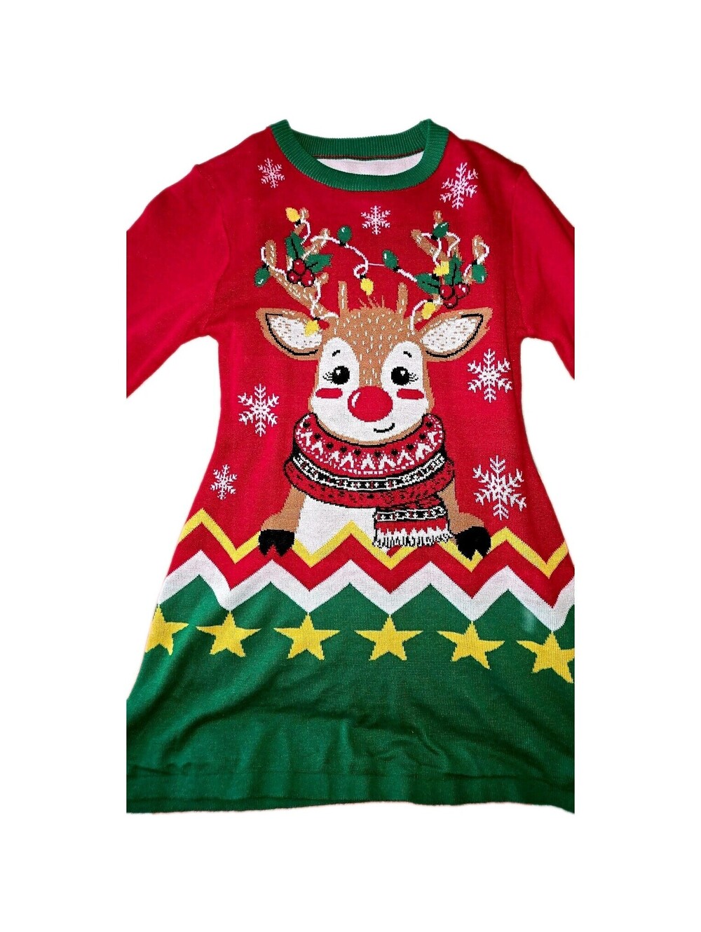 Red Green Knit Pullover Sweater L Long Sleeve Crew Neck Embroidered Reindeer